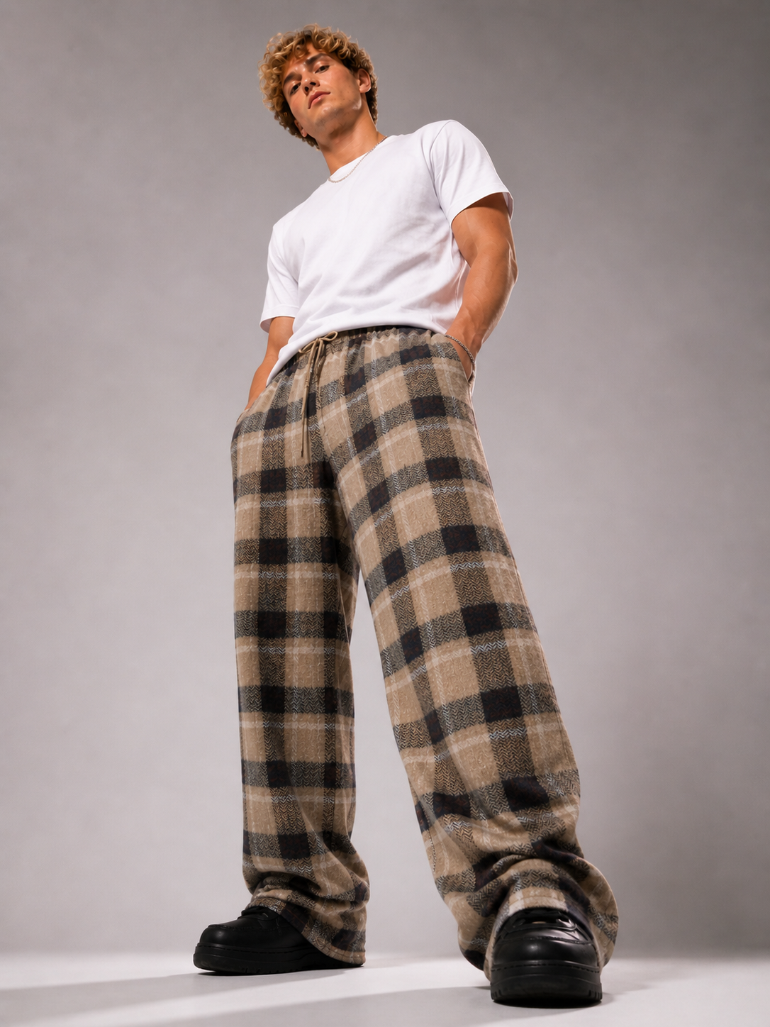 Itwaya Cozy Wide-Legs – Brown Check